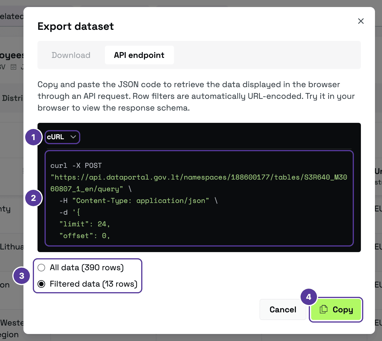 The API endpoint tab, numbered 1–4: 1 language choice, cURL or Python; 2 the ready-made request to api.dataportal.gov.lt with limit and offset; 3 scope — Filtered data (13 rows) selected; 4 Copy button
