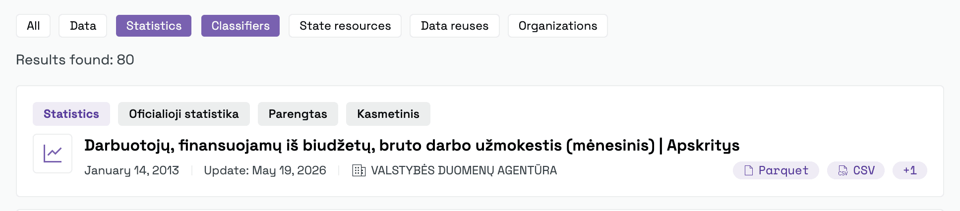 Content-type filters above the search results, with two ticked: Statistics and Classifiers