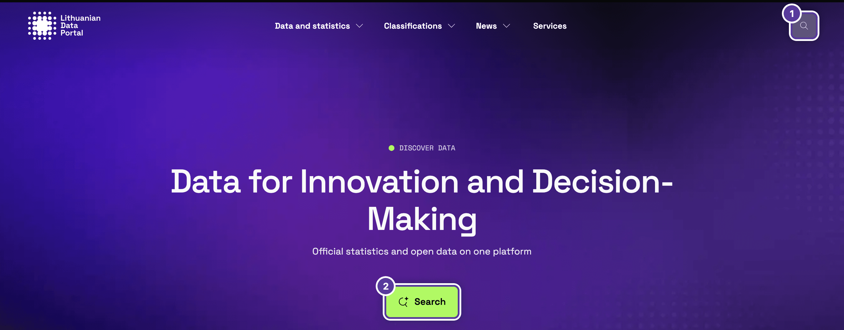 Two ways to open smart search, numbered 1–2: 1 search icon in the portal header; 2 Search button on the homepage
