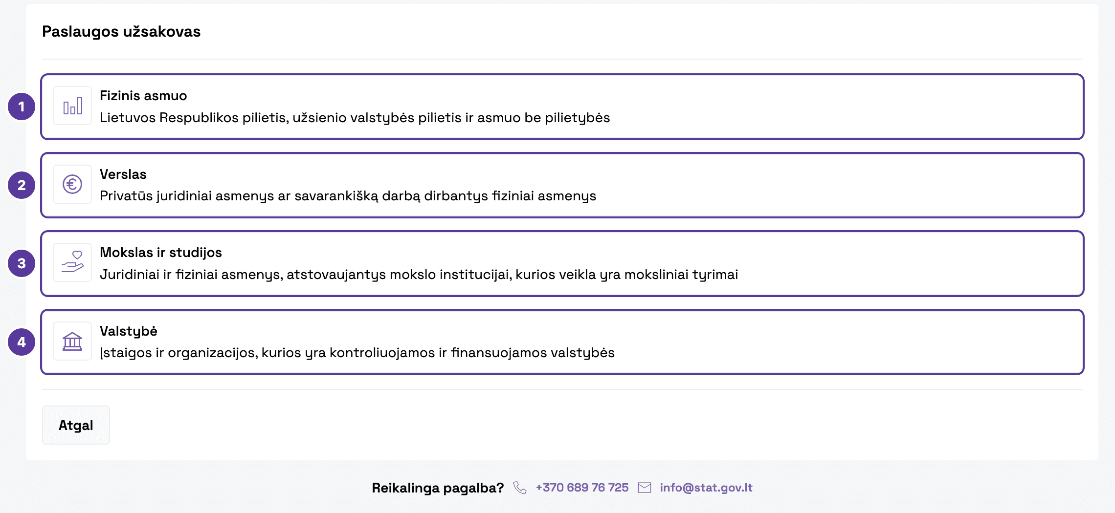 Užsakymo formos žingsnis „Paslaugos užsakovas", pažymėta 1–4: 1 Fizinis asmuo; 2 Verslas; 3 Mokslas ir studijos; 4 Valstybė