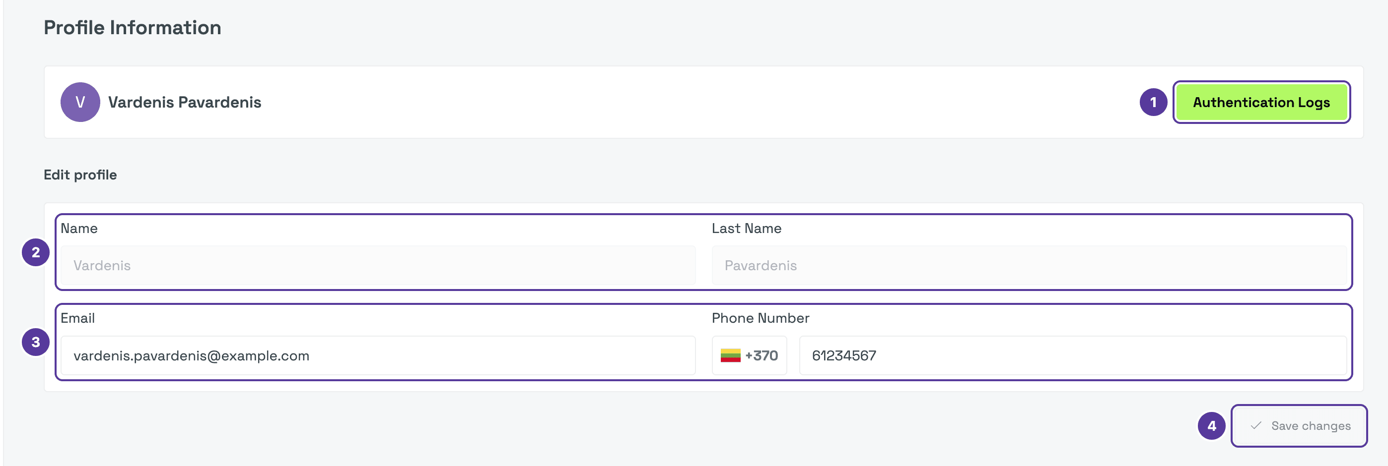 Profile Information (sample personal details), numbered 1–4: 1 the Authentication Logs button; 2 Name and Last Name; 3 Email and Phone Number; 4 Save changes