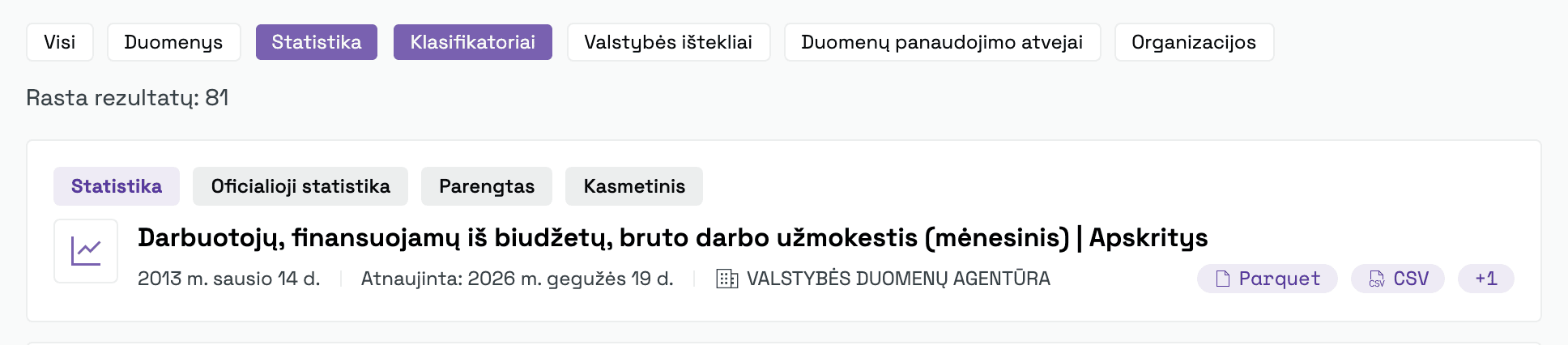 Turinio tipo filtrai virš paieškos rezultatų, pažymėti du: Statistika ir Klasifikatoriai