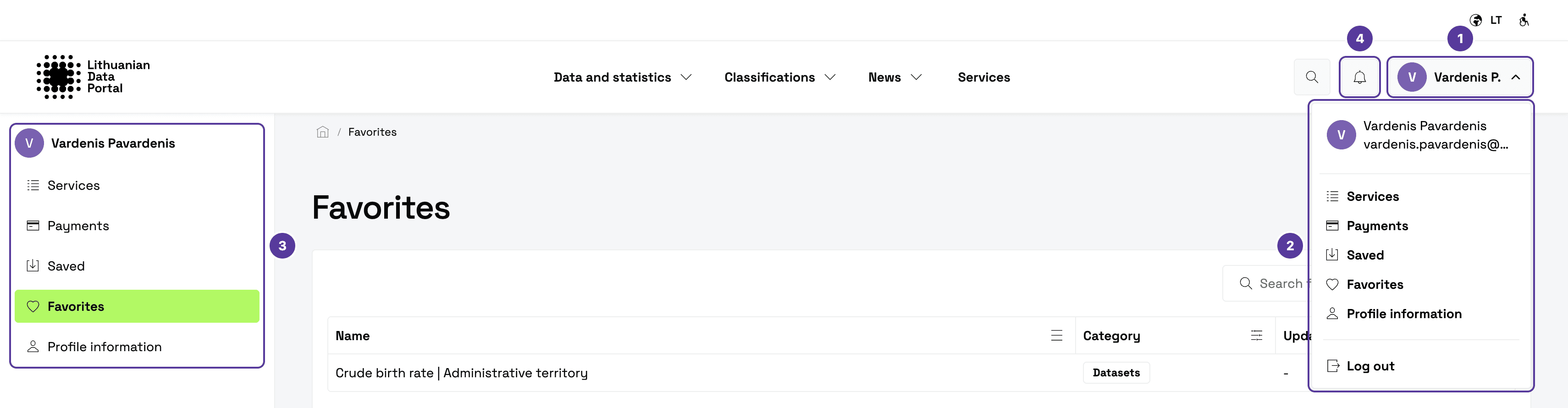 The account menu and sections, numbered 1–4 (sample personal details): 1 your name in the top right corner; 2 the open menu with the sections and Log out; 3 the list of sections on the left; 4 the bell — Notifications