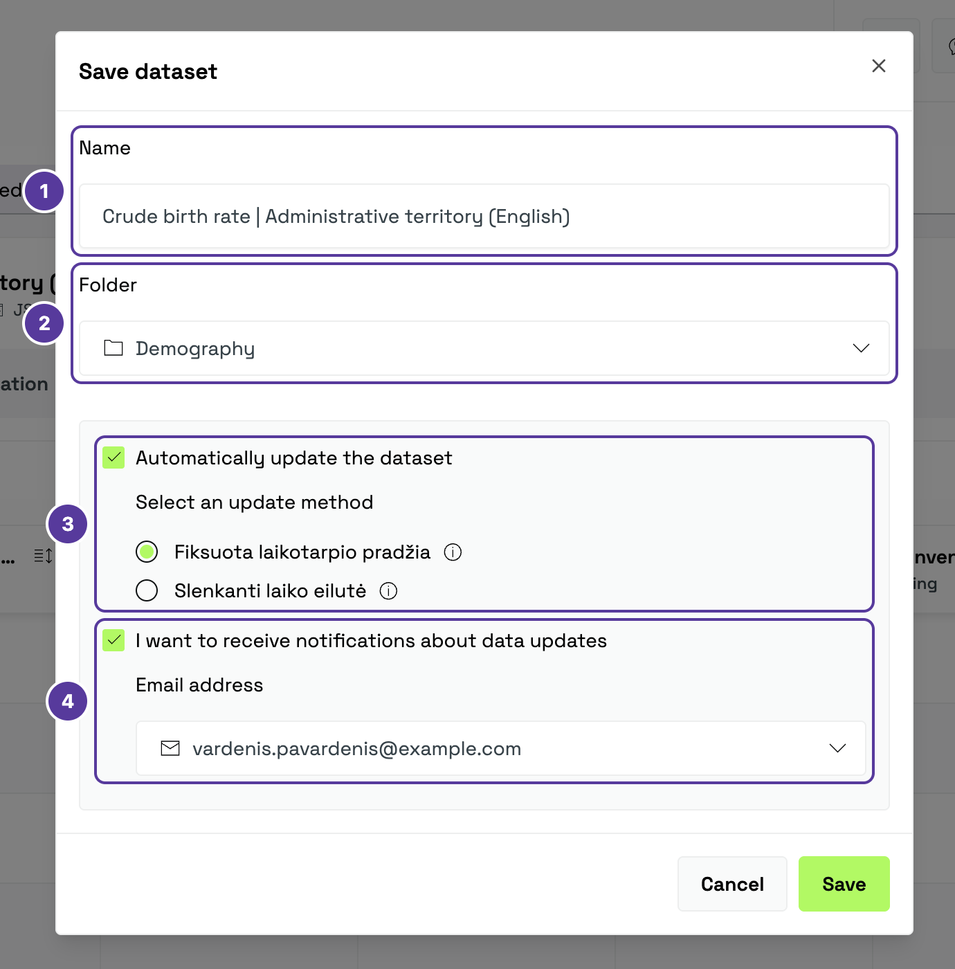 The "Save dataset" window, numbered 1–4: 1 Name; 2 Folder; 3 Automatically update the dataset, with the two update methods; 4 I want to receive notifications about data updates, with the email address