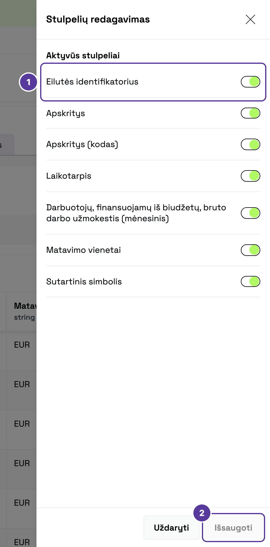 Stulpelių redagavimo langas, pažymėta 1–2: 1 kiekvieno stulpelio įjungimo jungiklis (pažymėtas Eilutės identifikatorius); 2 mygtukas Išsaugoti šalia Uždaryti