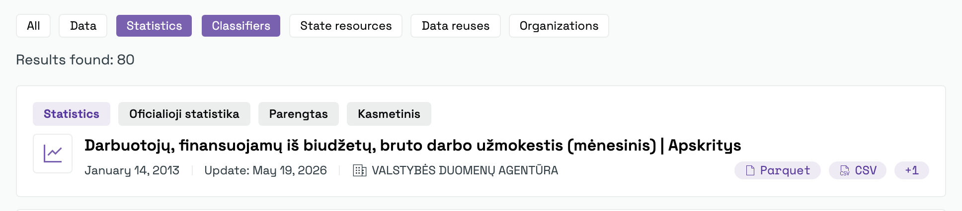 Content-type filters above the search results, with two ticked: Statistics and Classifiers