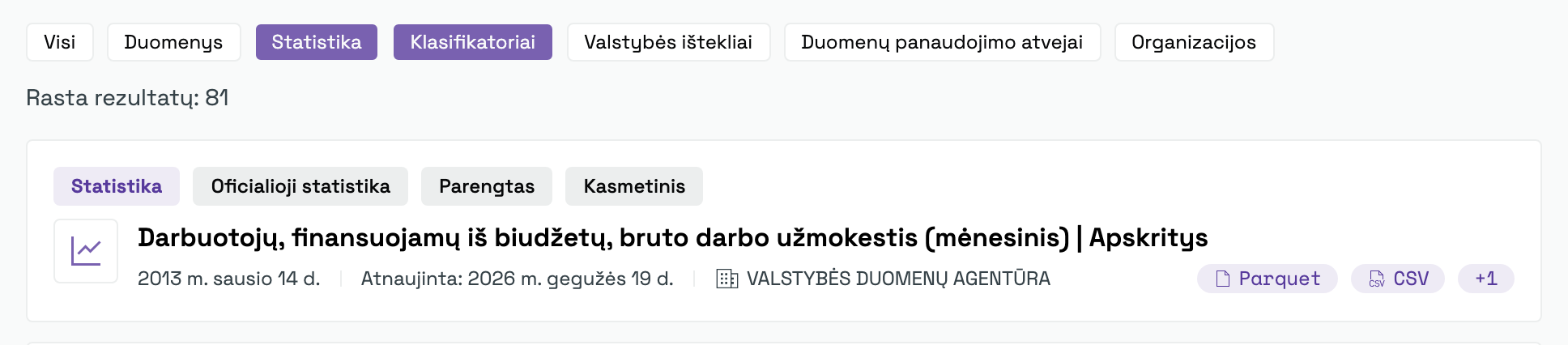 Turinio tipo filtrai virš paieškos rezultatų, pažymėti du: Statistika ir Klasifikatoriai
