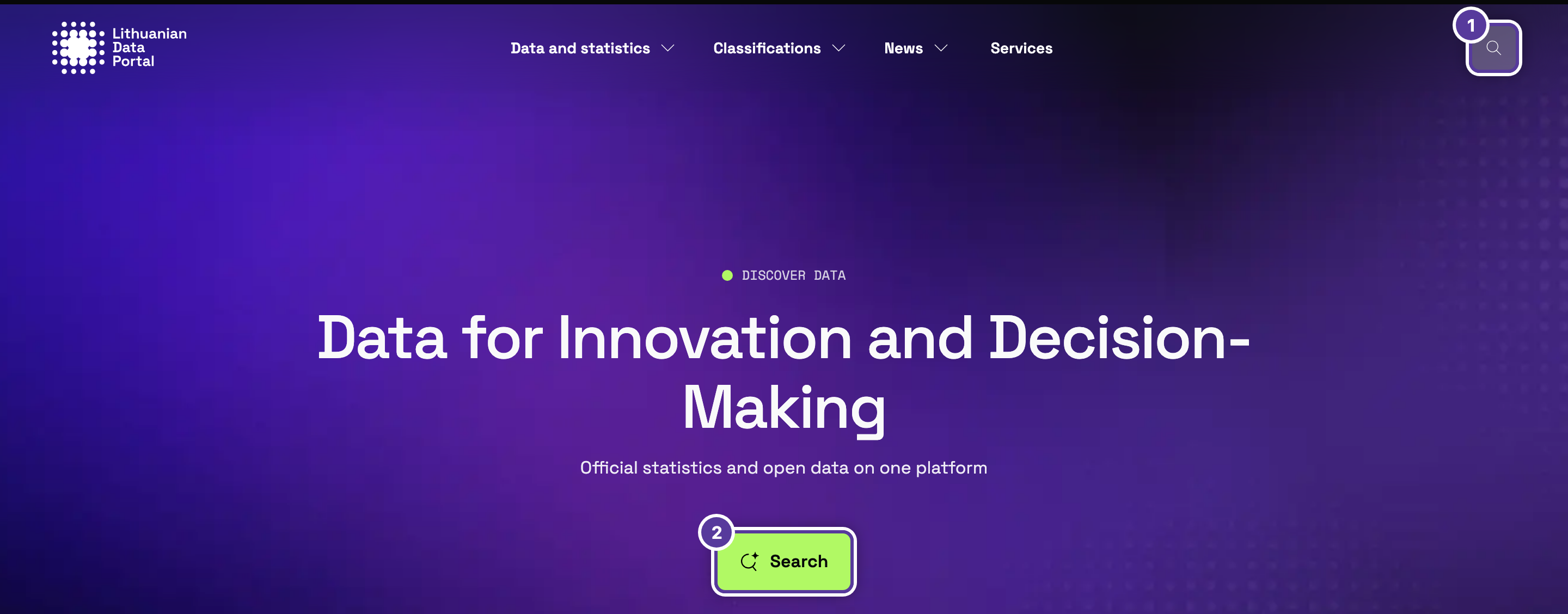 Two ways to open smart search, numbered 1–2: 1 search icon in the portal header; 2 Search button on the homepage