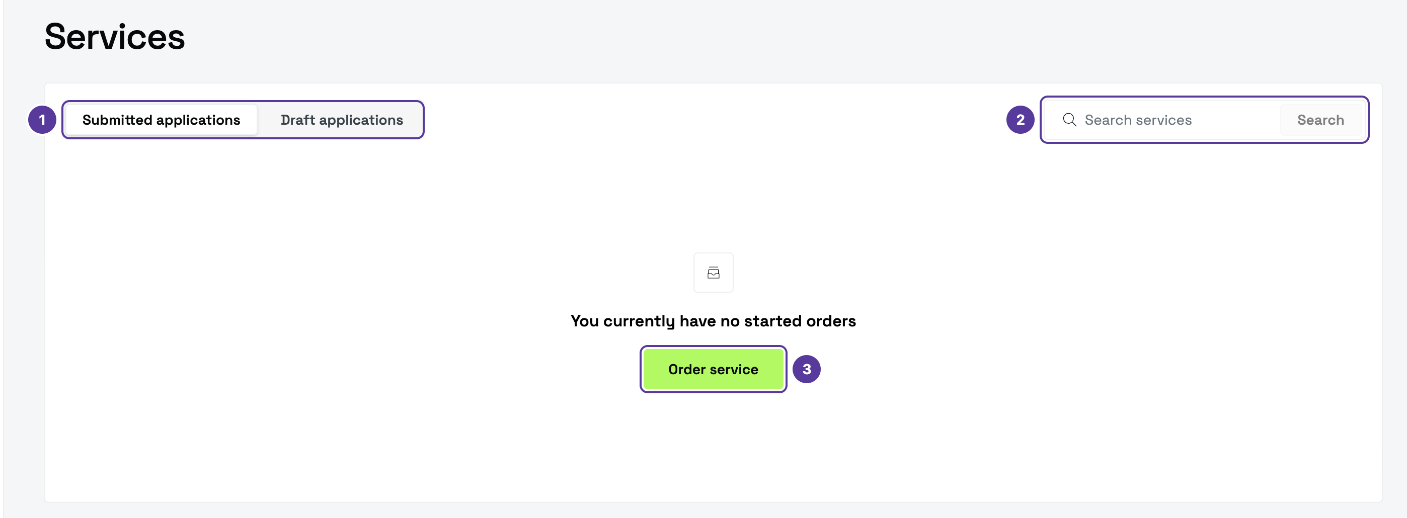 Services, numbered 1–3: 1 the Submitted applications and Draft applications tabs; 2 search; 3 the Order service button