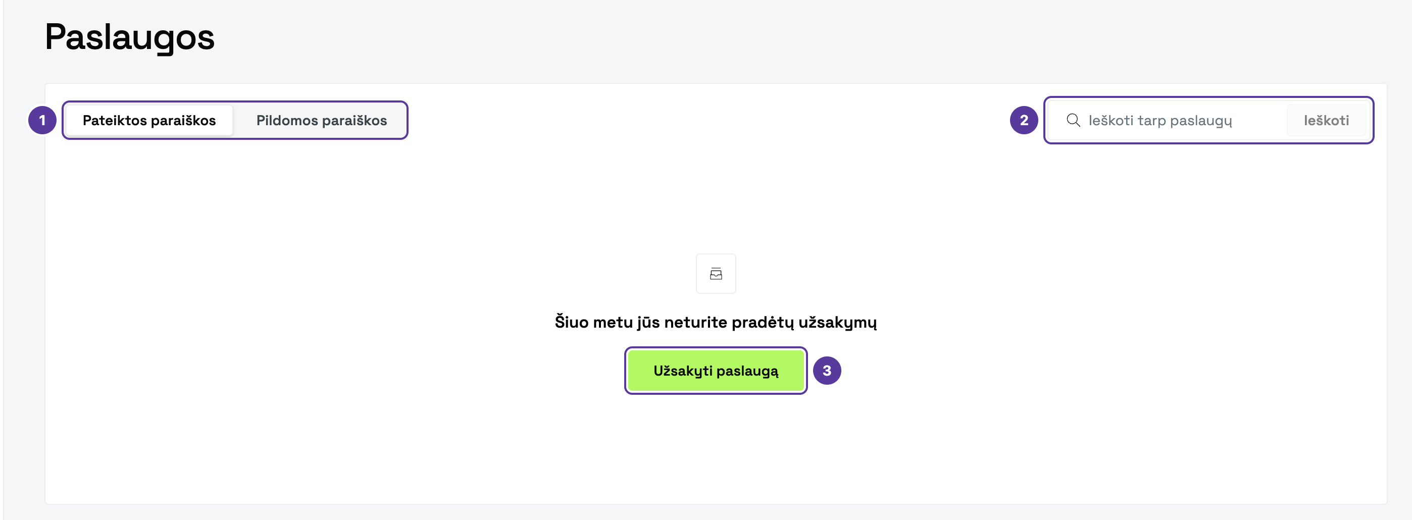 Skiltis Paslaugos, pažymėta 1–3: 1 skirtukai Pateiktos paraiškos ir Pildomos paraiškos; 2 paieška; 3 mygtukas Užsakyti paslaugą