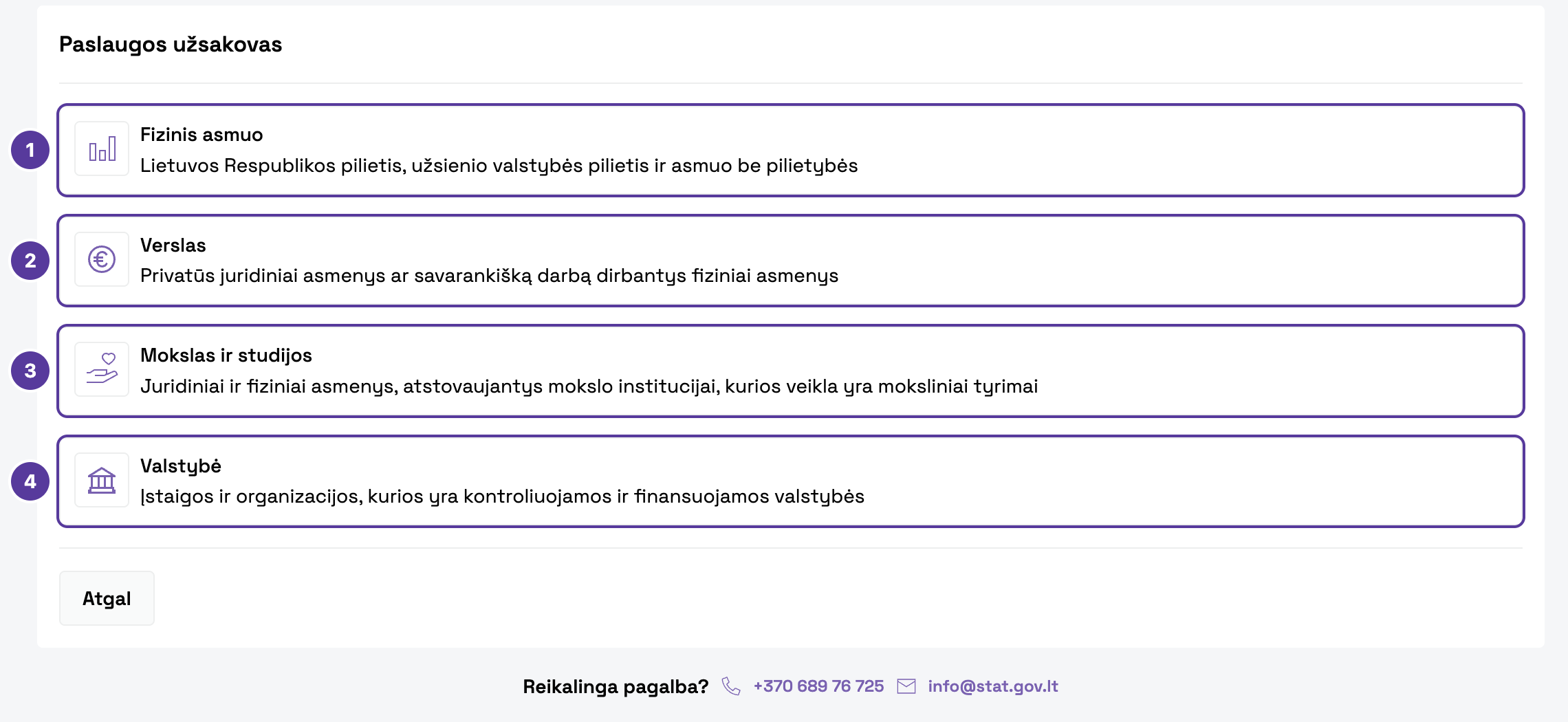 Užsakymo formos žingsnis „Paslaugos užsakovas", pažymėta 1–4: 1 Fizinis asmuo; 2 Verslas; 3 Mokslas ir studijos; 4 Valstybė