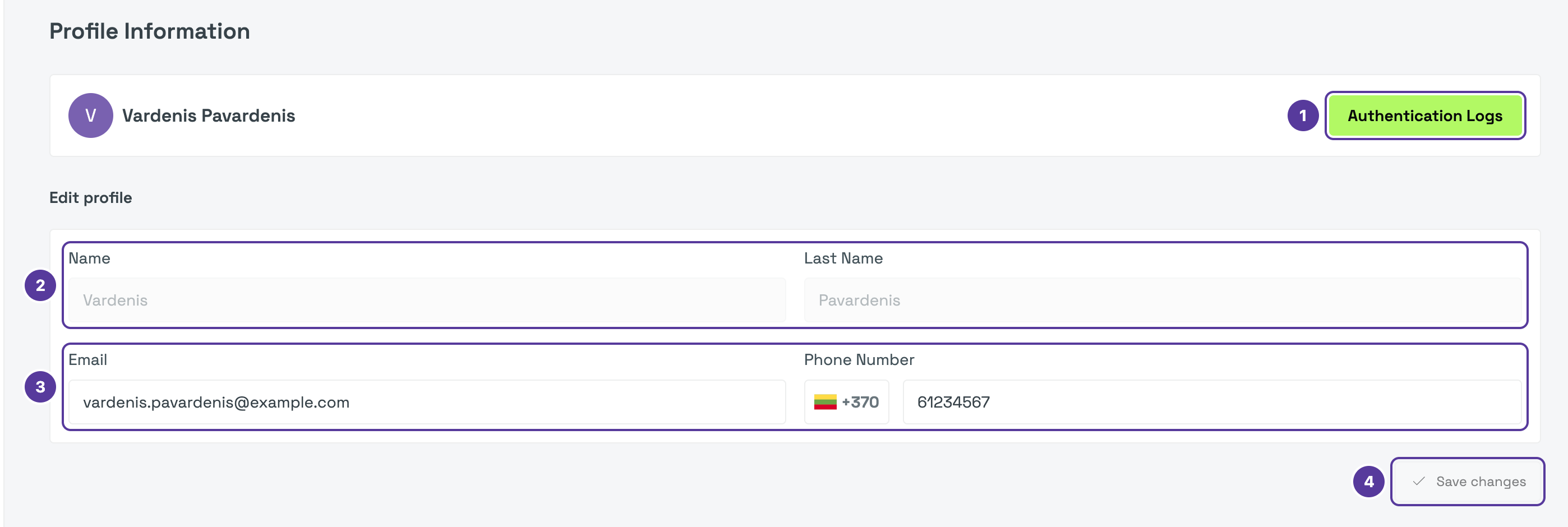 Profile Information (sample personal details), numbered 1–4: 1 the Authentication Logs button; 2 Name and Last Name; 3 Email and Phone Number; 4 Save changes